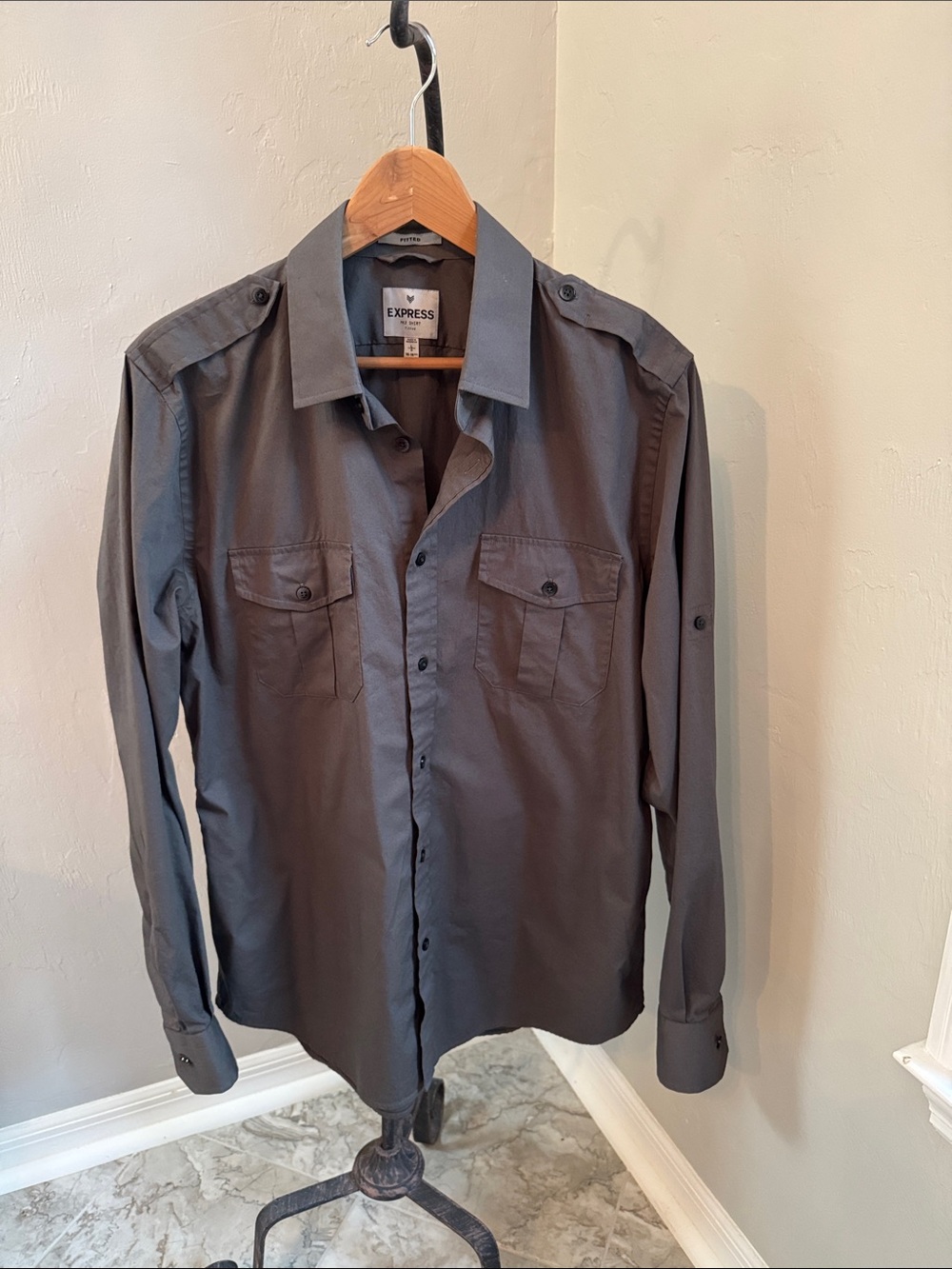Express Gray Men's Fitted MK2 Long-Sleeve Button Shirt